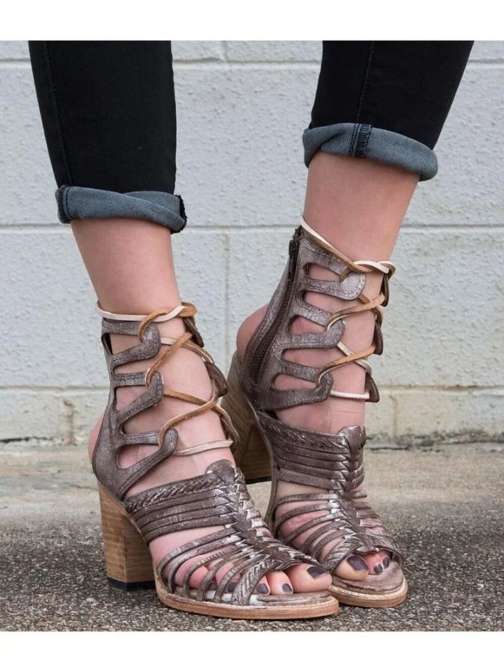 Freebird Beliz Belize Taupe Leather Lace Up Gladiator Sandals Open Toe Heels 9 - Picture 12 of 13